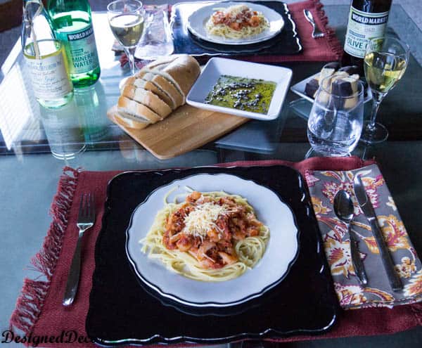 shrimp bruschetta pasta served with chocolate dipped biscotti