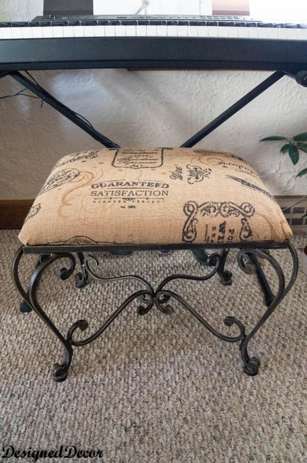 repurposed burlap metal bench