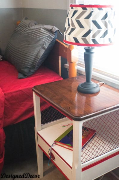 Boys Bedroom- bedside table with a chevron fabric covered lamp shade