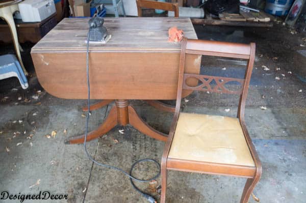 Before picture of Duncan Phyfe style Drop Leaf Table and Chairs