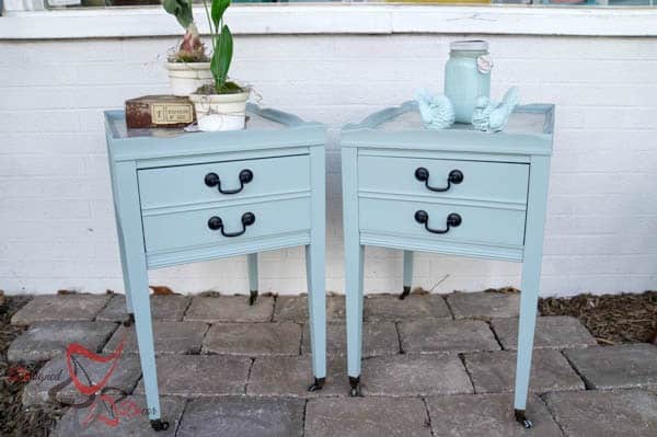 pale blue painted desk with decoupage fabric on the table tops