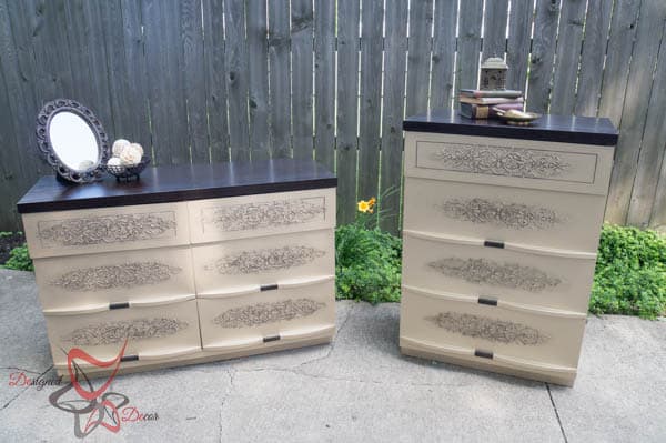 2 champagne painted dressers with Embossed stenciling