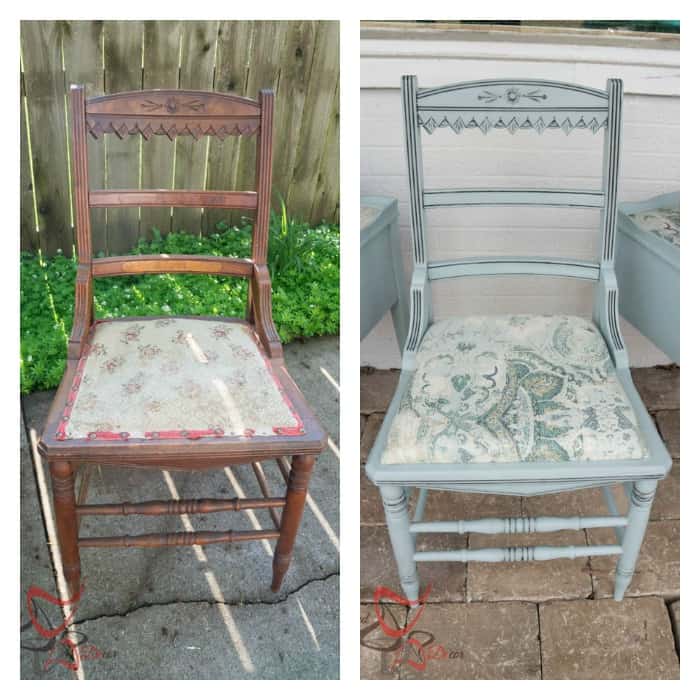 before and after of an antique chair makeover