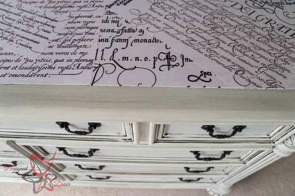 dresser makeover with paint and decoupaged French paper