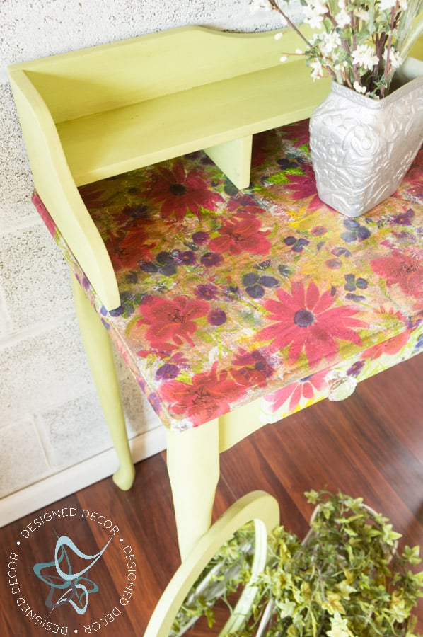 lime green painted desk with flower print napkin decoupage
