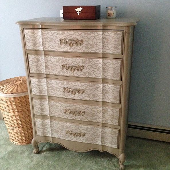 dresser painted with a lace fabric as a stencil 