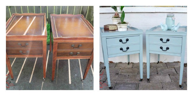 before and after of side table makeover using paint and fabric 