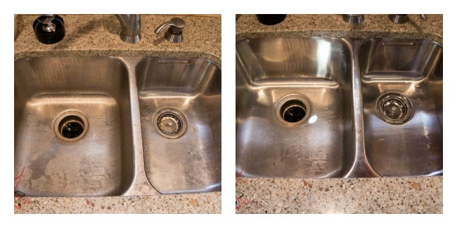 deep cleaning the kitchen sink with universal stone and e-cloth