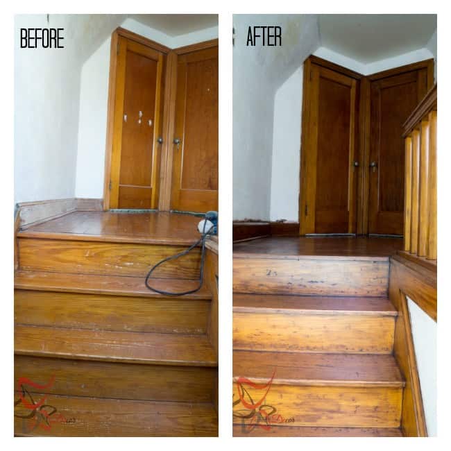 Before-After- picture of wood stairway after Using Gel Stain