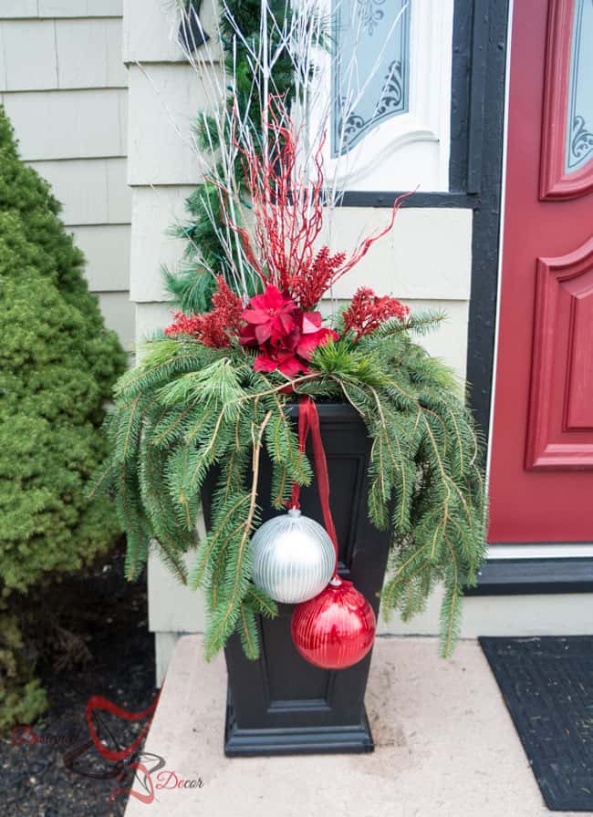 image of an outdoor planter with evergreens, branches and bulbs