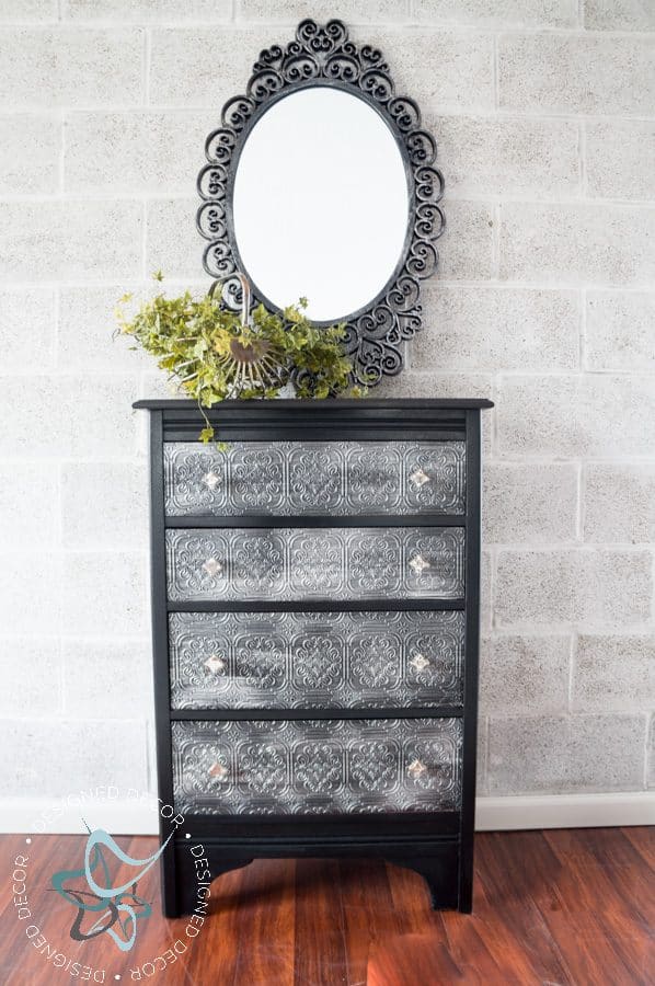 dresser makeover using wallpaper decoupage and silver dry brushing technique