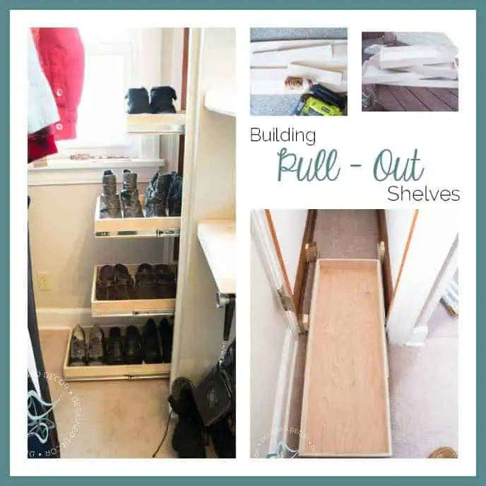 building pullout shelves- shoe closet- purebond pledge- DIY home projects- www.designeddecor.com building pullout shelves- shoe closet