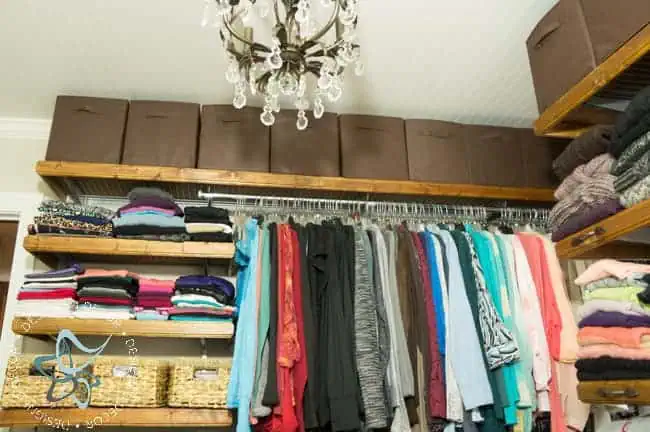 Budget-Closet -Makeover - fabric-storage-bins- thrift- chandelier Closet Makeover on a Budget (5 of 13)