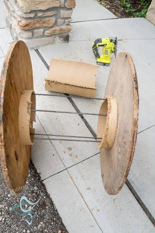 Repurposed-Electric-Spool-Table-ryobi-jig-saw taking apart an wooden cable spool