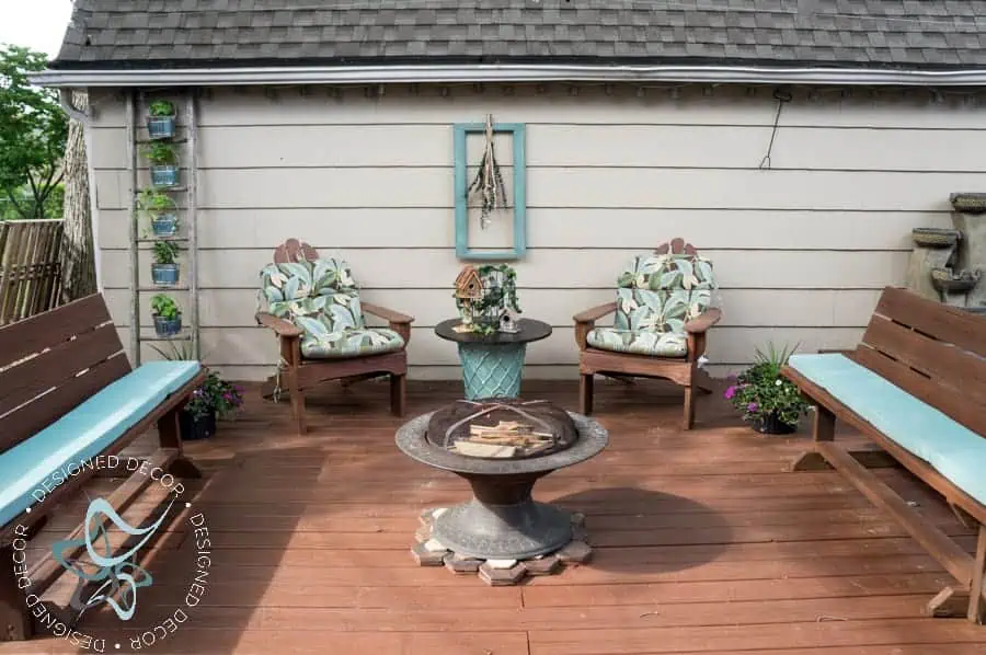Repurposed-Electric-Spool-Table-outdoor-living deck seating are with a repurposed electric spool table