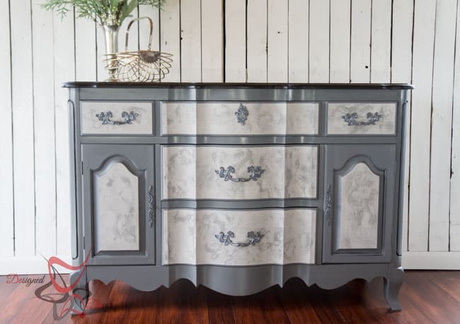 French provincial dresser painted in gray with lime painted drawers