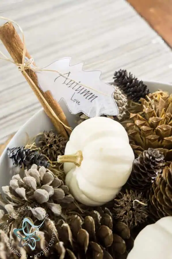 Free Maple leaf printable @ www.designeddecor.com- Autumn decor-tablescape mini white pumpkin with pine cones in a white bowl