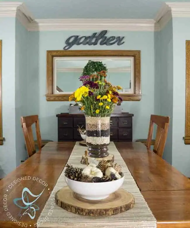 dining-room-tablescape-fall-decor dining room table with a fall tablescape and floral centerpiece