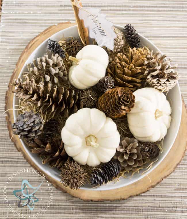 overview of a white serving bowl filled with pine cones and mini white pumpkins