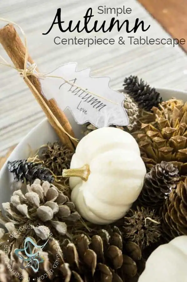 Come see how easy it is to create a Simple- Inexpensive- Autumn Centerpiece -Tablescape using a few items found in nature- www.designeddecor.com HomeDecor- FallDecor simple fall tablescape graphic