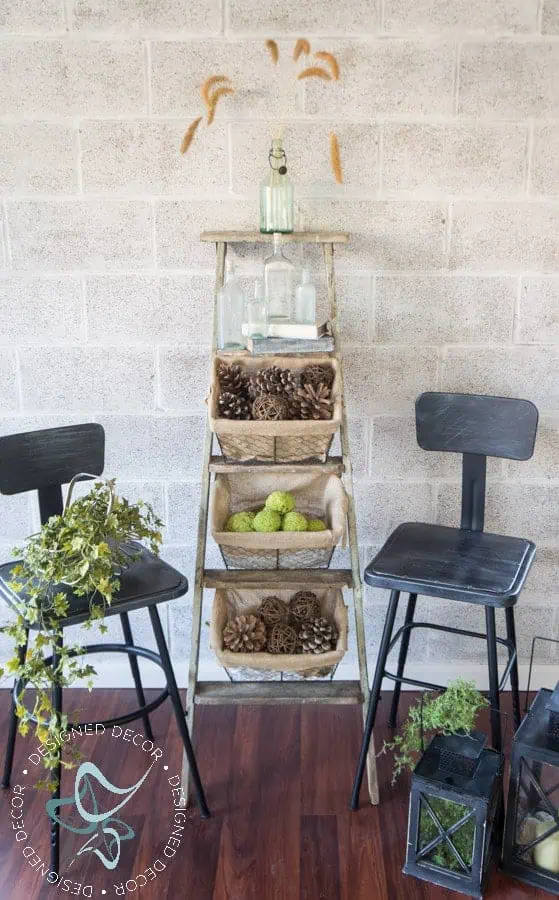 wire-basket-ladder-repurposed-leaning-home-decor-storage wire-basket-ladder-repurposed-leaning-home-decor-storage-2