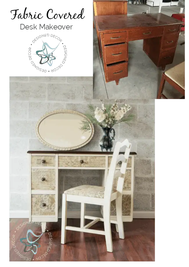 Fabric Covered Desk Makeover- Fabric.com- One-Step- Paint- Painted Furniture fabric-covered-desk-makeover-before-after