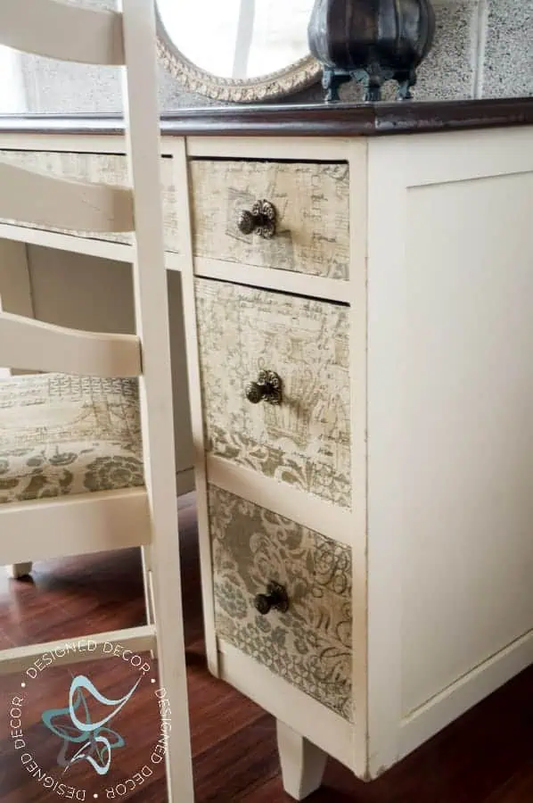 Fabric Covered Desk Makeover- Amy Howard Paint painted-desk-fabric-drawer-fronts-3