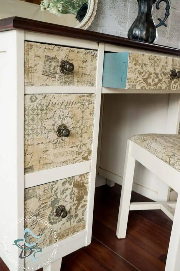 painted furniture- desk makeover- decoupage with fabric painted-desk-fabric-drawer-fronts-8