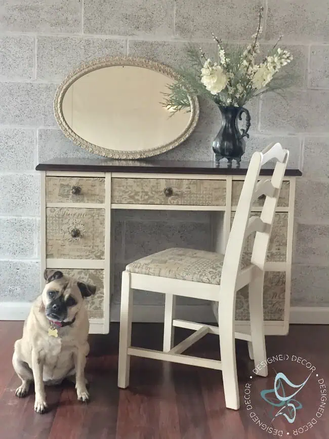 Fabric Covered Desk Makeover using Waverly fabric and fabric.com desk-after-fabric-drawer-fronts-fabric-com