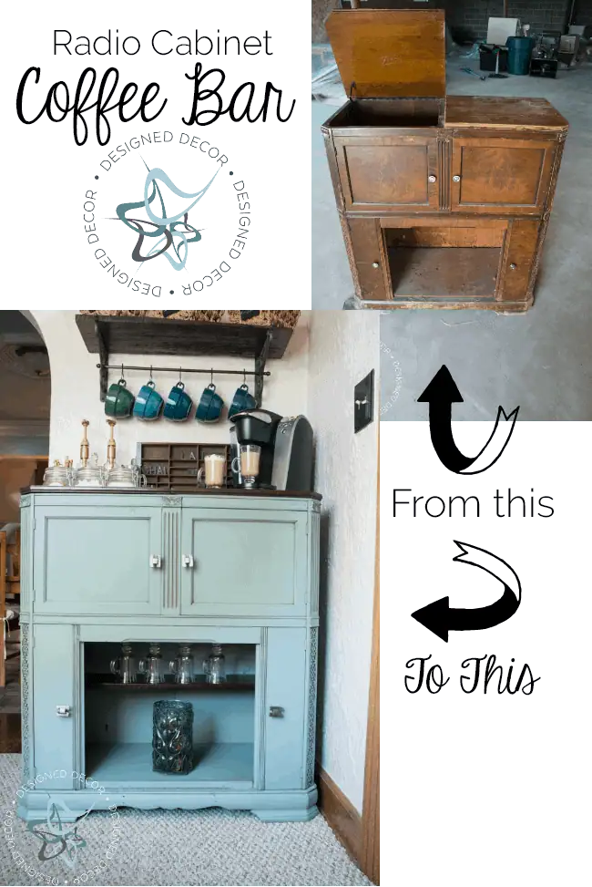 repurposed-radio-cabinet-coffee-bar-before and after - www.designeddecor.com repurposed-radio-cabinet-coffee-bar-designed-decor