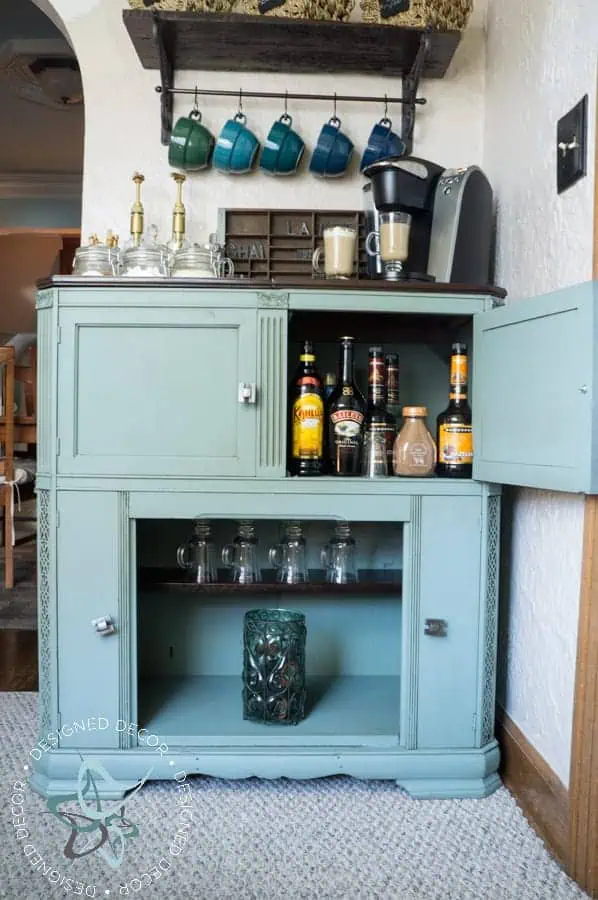 repurposed-radio-cabinet-coffee-bar-Amy Howard paint-Wagner Paint Sprayer repurposed-radio-cabinet-coffee-bar-1