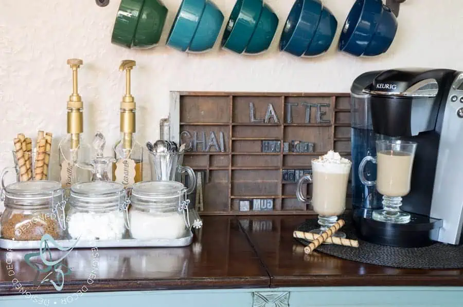 repurposed-radio-cabinet-coffee-bar-drink-station-adding a cafe rod to hold coffee mugs repurposed-radio-cabinet-coffee-bar-drink-station-17