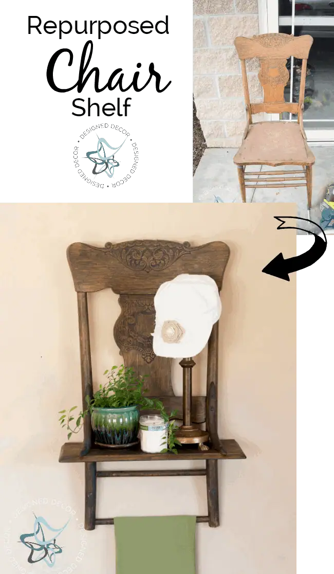 How to tuen an old chair into a repurposed chair shelf with a little imagination and a few power tools- www.designeddecor.com Repurposed Chair Shelf- Designed Decor