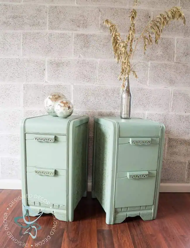 repurposed vanity-nightstands waterfall-nightstands-using painted wallpaper on the sides
