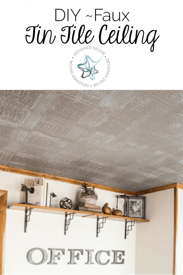 image of a home office with a faux tin tile ceiling. 