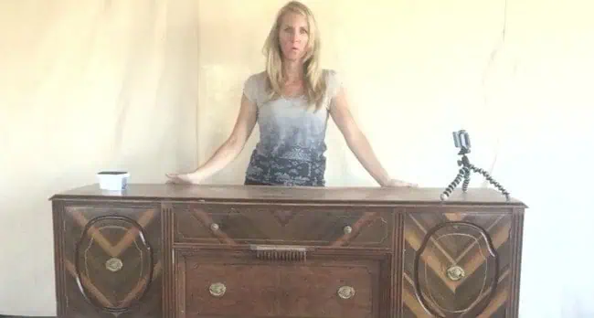 Learn how to lime paint- before antique buffet with tiger stripe wood