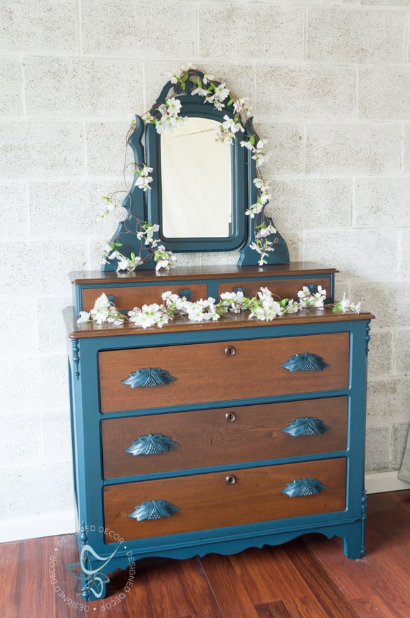 Eastlake Dresser with mirror painted in blue with wood drawers