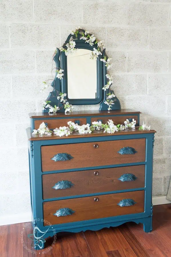 Painted-Furniture- Eastlake- Makeover- Designed Decor Eastlake Dresser with mirror painted in blue with wood drawers