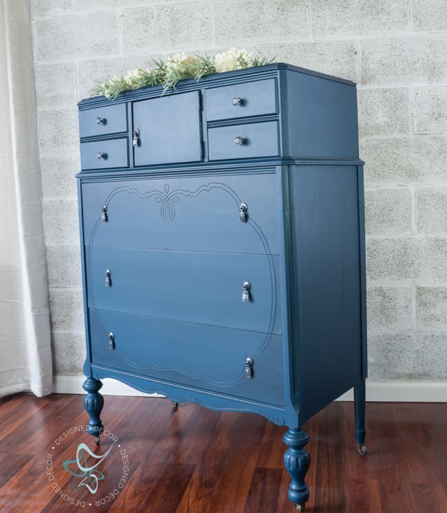 antique highboy dresser painted in a custom shade of blue furniture paint