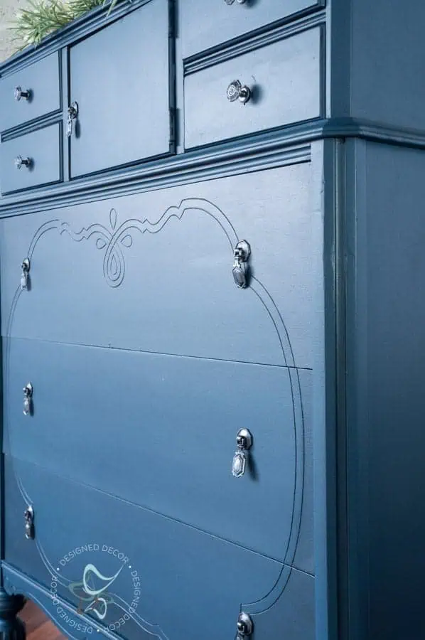 Use glaze to shade furniture paint- Designed Decor blue painted highboy dresser