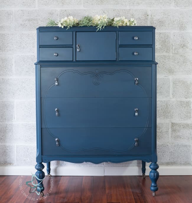 highboy antique dresser painted in a deep blue
