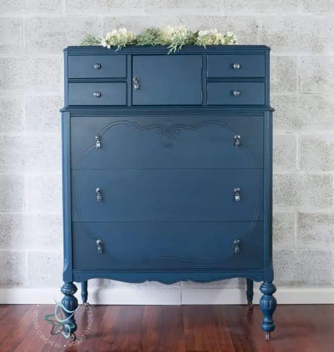 Custom Blue Furniture Paint- Designed Decor highboy antique dresser painted in a deep blue