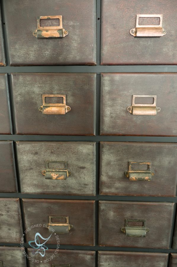 closeup of the apothecary drawers after the cabinet makeover