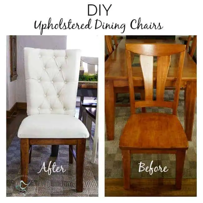 DIY-Upholstered-Wood-Dining-Chairs-before-after-makeover image of the before and after of a wood dining chair