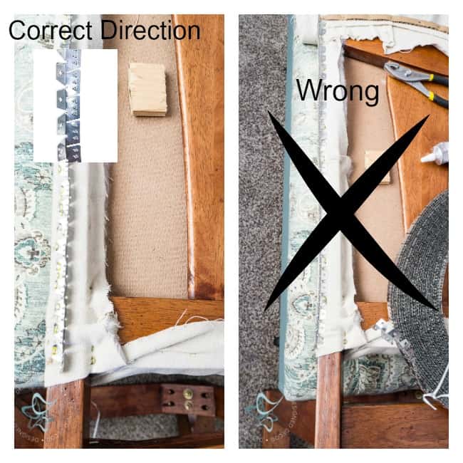 image of the correct way to attach fabric gripper to upholstered chair back
