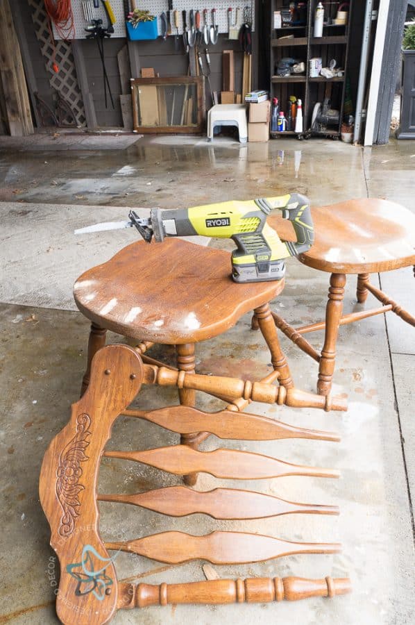 cutting off the top of wood chairs to make stools