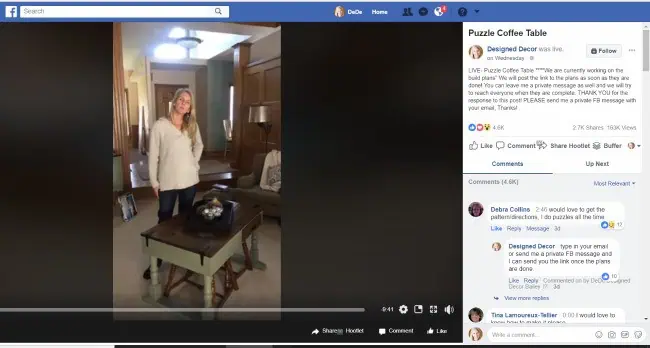 Facebook-live-puzzle-coffee-table-build-plans screen shot from Facebook page