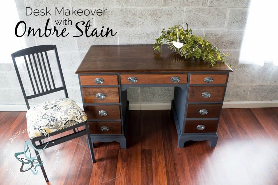 graphic of a desk makeover using an ombre stain finish on the desk drawers