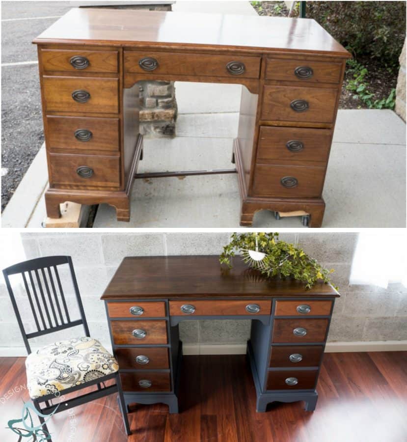 desk makeover before and after with an Ombre stain on the desk drawers