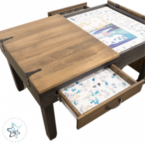 jigsaw puzzle table with split open top and open drawer
